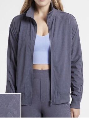 Athleta Brooklyn bomber blue violet leopard bomber jacket size S